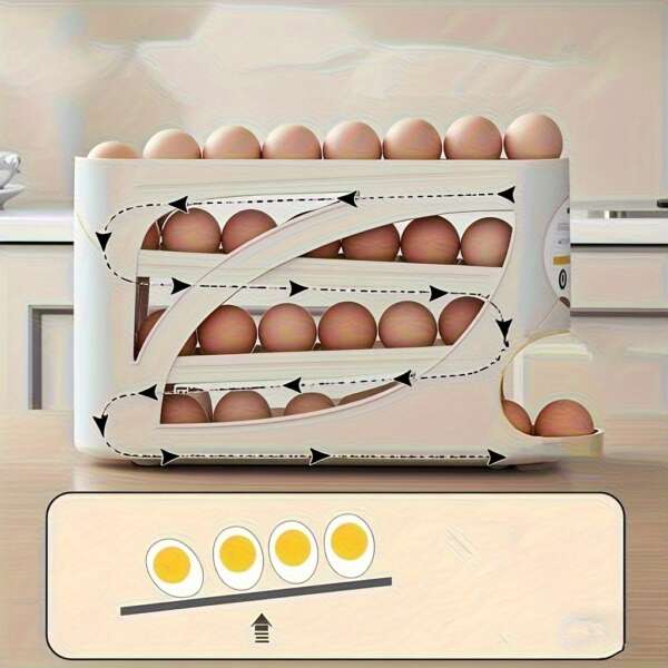 4-Tier Rolling Egg Holder - Space-Saving Side Door Design, Holds 30 Eggs, Smooth Glossy Finish, Convenient Handle | Suitable for Kitchen and Fridge Storage | Modern Kitchen Accessory | Durable Plastic Material - Image 5