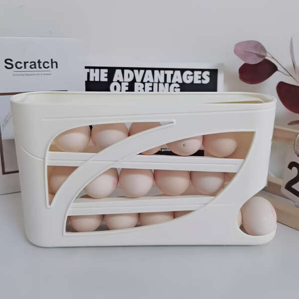 4-Tier Rolling Egg Holder - Space-Saving Side Door Design, Holds 30 Eggs, Smooth Glossy Finish, Convenient Handle | Suitable for Kitchen and Fridge Storage | Modern Kitchen Accessory | Durable Plastic Material - Image 7