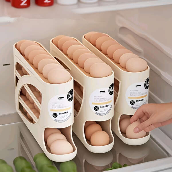 4-Tier Rolling Egg Holder - Space-Saving Side Door Design, Holds 30 Eggs, Smooth Glossy Finish, Convenient Handle | Suitable for Kitchen and Fridge Storage | Modern Kitchen Accessory | Durable Plastic Material - Image 3