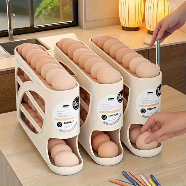 4-Tier Rolling Egg Holder - Space-Saving Side Door Design, Holds 30 Eggs, Smooth Glossy Finish, Convenient Handle | Suitable for Kitchen and Fridge Storage | Modern Kitchen Accessory | Durable Plastic Material - Image 8