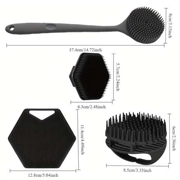 4pcs Silicone Body Brush Set - Long Handle Back Cleaning Brush, Gentle Hair and Facial Brush, Handheld Bath Brush - Non-Electric, Non-Slip Handle, Deep Cleaning and Massage Tool - Image 2