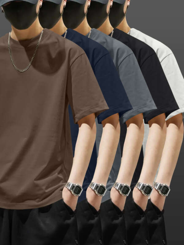 5pcs Heavyweight 100% Cotton Men's T-Shirts, Simple Fashion Casual Short Sleeve, Casual Shirts for Men, Solid Colour T Shirt for Men, T Shirt for Men High Quality, Round Neck T Shirt for Men, Relaxed Fit, Weekend Outfit, Minimalist Design, Geometric Print, Breathable Material, Heavyweight Fabric, Short Sleeve Top, Basic Tee, Men's Fashion, Streetwear Basics - Image 3