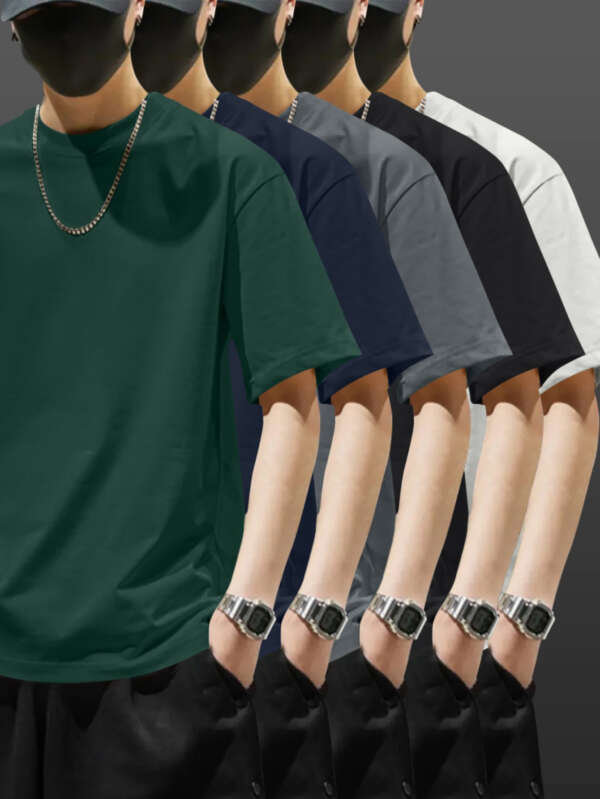 5pcs Heavyweight 100% Cotton Men's T-Shirts, Simple Fashion Casual Short Sleeve, Casual Shirts for Men, Solid Colour T Shirt for Men, T Shirt for Men High Quality, Round Neck T Shirt for Men, Relaxed Fit, Weekend Outfit, Minimalist Design, Geometric Print, Breathable Material, Heavyweight Fabric, Short Sleeve Top, Basic Tee, Men's Fashion, Streetwear Basics - Image 6