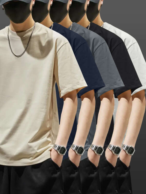 5pcs Heavyweight 100% Cotton Men's T-Shirts, Simple Fashion Casual Short Sleeve, Casual Shirts for Men, Solid Colour T Shirt for Men, T Shirt for Men High Quality, Round Neck T Shirt for Men, Relaxed Fit, Weekend Outfit, Minimalist Design, Geometric Print, Breathable Material, Heavyweight Fabric, Short Sleeve Top, Basic Tee, Men's Fashion, Streetwear Basics - Image 4