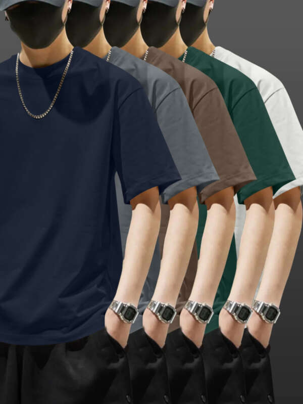 5pcs Heavyweight 100% Cotton Men's T-Shirts, Simple Fashion Casual Short Sleeve, Casual Shirts for Men, Solid Colour T Shirt for Men, T Shirt for Men High Quality, Round Neck T Shirt for Men, Relaxed Fit, Weekend Outfit, Minimalist Design, Geometric Print, Breathable Material, Heavyweight Fabric, Short Sleeve Top, Basic Tee, Men's Fashion, Streetwear Basics - Image 5