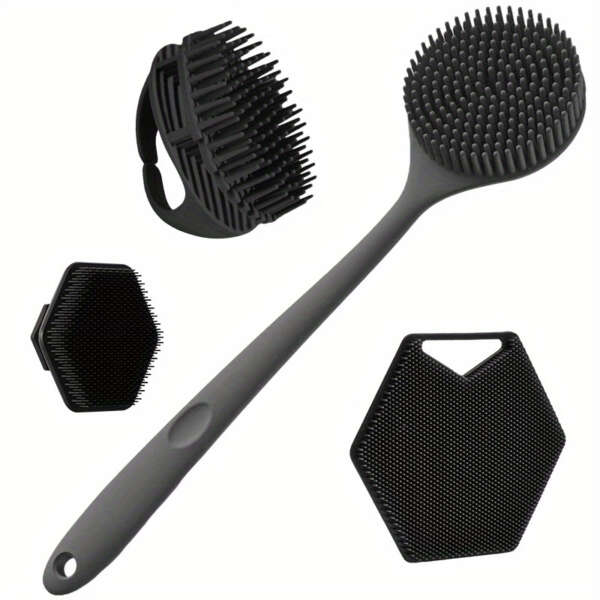 4pcs Silicone Body Brush Set - Long Handle Back Cleaning Brush, Gentle Hair and Facial Brush, Handheld Bath Brush - Non-Electric, Non-Slip Handle, Deep Cleaning and Massage Tool - Image 3
