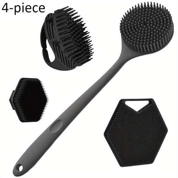 4pcs Silicone Body Brush Set - Long Handle Back Cleaning Brush, Gentle Hair and Facial Brush, Handheld Bath Brush - Non-Electric, Non-Slip Handle, Deep Cleaning and Massage Tool